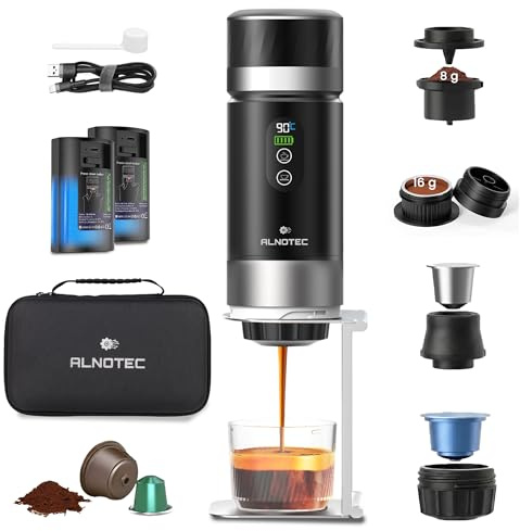 Machine Expresso Portable 20 Bars Rechargeable Auto Chauffante – Compatible Capsules NES, DG et Café Moulu – 2 Batteries Amovibles – 2 Adaptateurs Café Moulu 8g et 16g – Sac + Support - Ecran LED