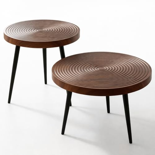 BAKAJI Set 2 Tavolini da Caffè Tondi Design Industrial, Tavoli da Soggiorno Rotondi con Piano Intagliato e Gambe in Metallo, Tavolino da Salotto Rotondo Salvaspazio per Casa, Ufficio, Negozio (Noce)