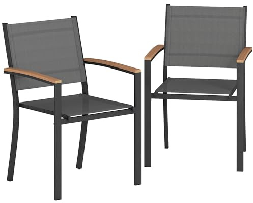 Outsunny Set 2 Sedie da Giardino Impilabili in Texteline e Metallo, Sedie da Esterno con Braccioli Effetto Legno, per Patio Balcone Terrazza Esterno, 56x62x89 cm, Grigio