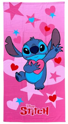 CARTOON Telo Mare Stitch Bambina 70x140 cm Asciugamano Microfibra 100% Poliestere Asciugatura Rapida Telo Spiaggia Piscina Rosa con Cuori Disney Idea Regalo
