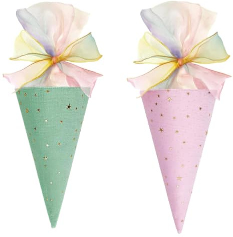 RQcMid Pack of 2 Mini School Cones for Filling, Siblings School Cone for School Party and Classroom Reward System, Foldable Sugar Bags in Pink and Green, 49 x 18.5 cm