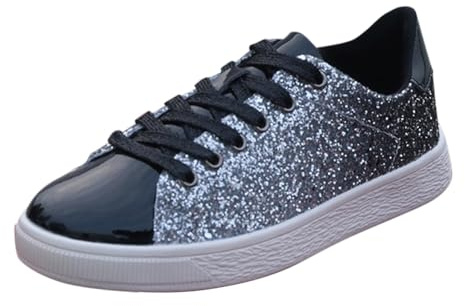 Glitter sneakers för män glänsande utvalda PU-läder tonala färgglada snören mode glitter tränare andningsbara slip on joggingskor paljett mode träningsskor bekväma fritidsskor, Svart, 38.5 EU