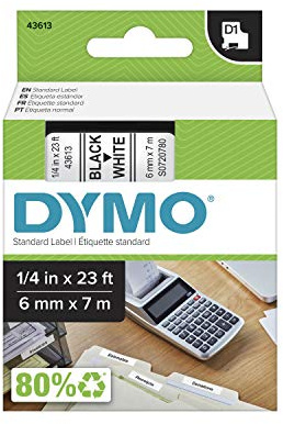 DYMO Standard D1 43613 Labels for LabelManager Label Makers, 1/4 W x 23' L, Black Print on White Tape, Self-Adhesive, 1 Cartridge
