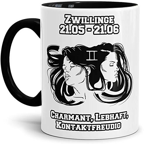 Sternzeichen-Tasse Zwillinge - Innen & Henkel Schwarz - Geburtstag/Astronomie/Sternen-bilder/mit Spruch/Witzig/Kaffeetasse/Mug/Cup - Qualität Made in Germany