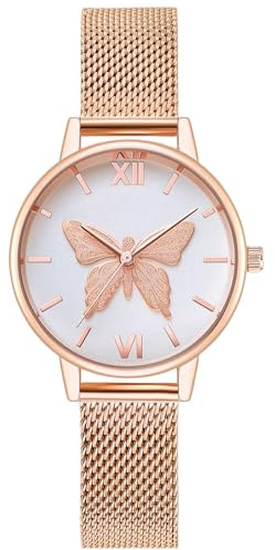 RORIOS Casual Relojes de Mujer Mariposa Dial Pulsera Acero Inoxidable Correa Relojes para Dama Regalo de Cumpleaños Reloj de Pulsera