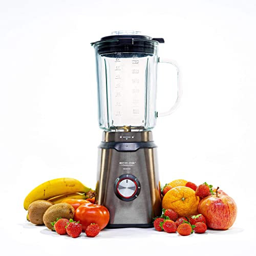 ECODE® Batidora de Vaso Titanblade Evolution 1000W, Jarra Cristal 1.75L, 6 Cuchillas Titanio, Pica Hielo, 3 Velocidades + Turbo, Seguridad, Antideslizante, Acero Inoxidable, Recetario Gratis ECO-470