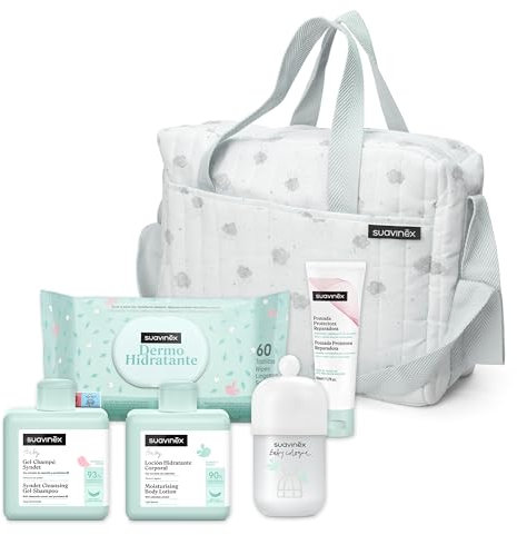 Suavinex, Bolso Carro Bebé con Cosmética: Gel Champú Syndet 300 ml + Loción Hidratante 300 ml + Pomada Pañal 50 ml + Baby Cologne 100 ml + Toallitas 60 Uds. Ideal Regalo de Recién Nacido, Azul