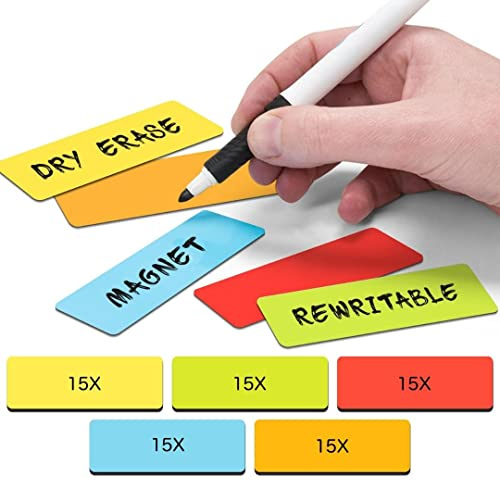 2DOBOARD Magnetstreifen beschreibbar - 7,5 cm x 2,5 cm Bunt - 75 Stück - Magnetschilder zum beschriften – Für Kühlschrank, Whiteboard & Tafel - Magnetetiketten