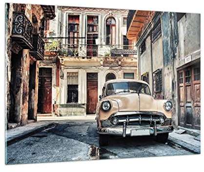 Bilder auf Glas 100x70cm Glasbild Kubanisch Auto Mietshäuser Groß Wanddeko Bild im Glas Schlafzimmer Küche Deko Wandbilder Dekoration Wohnzimmer Modern Wall Decor Wand Kunstdruck Art GAA100x70-4413