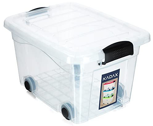 KADAX Kunststoffbehälter mit Rollen 60L, Transparent Aufbewahrungsbox aus Kunststoff, Organizer mit Deckel, Clipbox für Spielzeug, Aufbewahrungsbehälter mit Klickverschluss