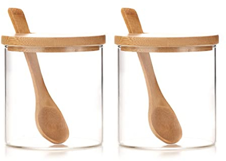 INCETUE 2pcs Condiment Pot, Seasoning Containers box, Glass Jar with Bamboo Lid, Cute Suger Bowl, Salt Container with Wooden Spoon, 10oz Spice Pepper Storage Canister for Kitchen and Home