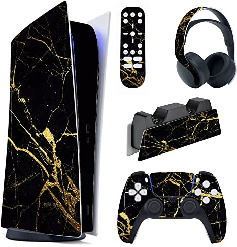 PlayVital Black & Gold Marble Effect Full Set Skin Decal for ps5 Console Digital Edition, Sticker Vinyl Decal Cover for ps5 Controller & Charging Station & Headset & Media Remote