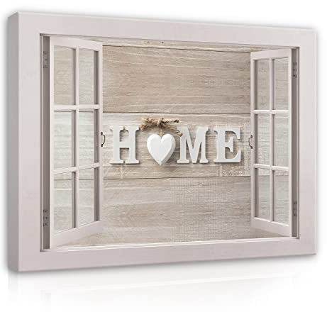 WallArena Leinwand Bilder - Fensterbilck Fenster Herz Home 100x75 cm | Leinwandbilder, Bild auf leinwand, Wandbild XXL groß Wandbilder für Wohnzimmer Schlafzimmer Wohnzimmerbilder