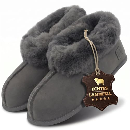 Rohn Moden Lammfell Hausschuhe für Damen und Herren – Chalet – Warme Hausschuhe mit Schaffell & weicher Ledersohle – Winter Pantoffeln für zuhause – Slipper gefüttert - Braun Grau