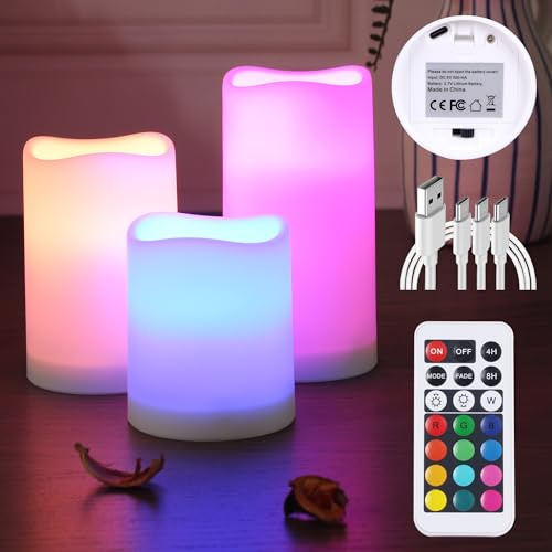 yucanucax Wiederaufladbare flammenlose LED-Kerzenlicht mit Fernbedienung, für drinnen und draußen, Farbwechsel, Kunststoffkerze, 3 Stück