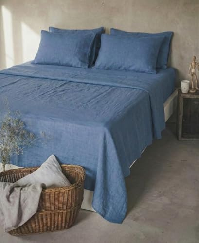Ger3as Leinen Bettlaken ohne Gummi – 100% Stonewashed Leinen Flachlaken – Atmungsaktiv – Ohne Kissenbezüge – (Blau, 150 x 250 cm)
