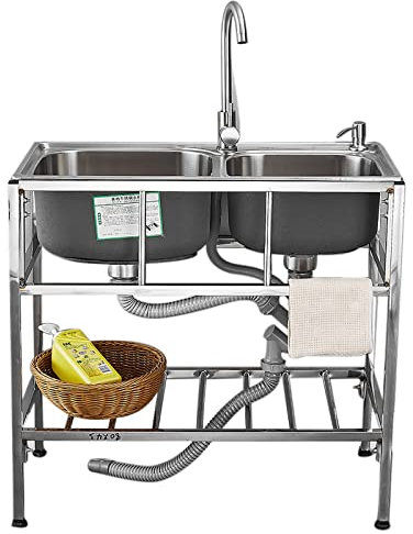 Edelstahl Waschbecken Ausgussbecken Küche Spülbecken 2-Fach-Wäschewanne Kulinarisches Spülbecken Mit Kalt Und Warmwasserschläuchen Wasserhahn Lagerregale Mit Abfluss Und Fallrohr Für Restaurant Garten