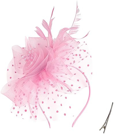 QDC Fascinators for Women Tea Party Headband Hats Cocktail Flower Mesh Feathers Headwear Hair Clip for Wedding (Pink)
