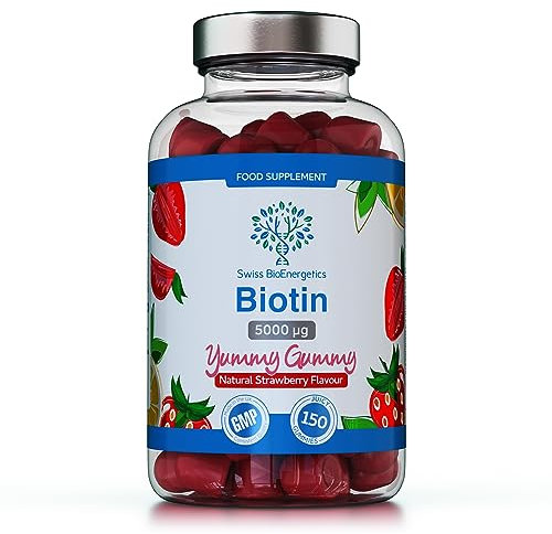 Biotin Gummies 10,000mcg – 150 Vegan Vitamins - Natural Strawberry Flavoured Two Yummy Gummy Daily Dose - Supports Normal Skin & Hair Growth - Chewable - No Artificial Sweeteners – UK Made