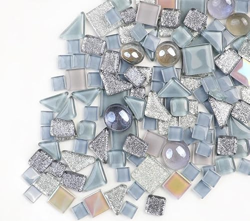 200g Kristall-Mosaik-Glasfliesen, Irregulär Bunte Kleine Mosaiksteine Glasstücke zum Basteln, Haus Deko(Grau)
