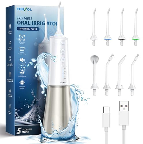 Water Flossers for Teeth Cordless, Professional Oral Irrigator Type-C Rechargeable Electric Tooth Flosser with 8 Jet Tips & 5 Modes, 300ML Water Tank, IPX7 Waterproof for Travel Home Portable Use