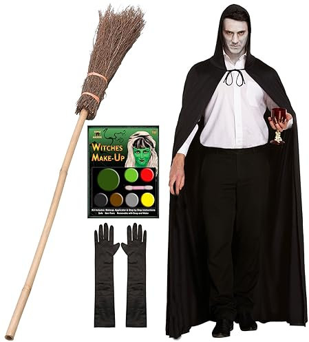 labreeze Black Hooded Cape Witch Broom Stick Long Satin Gloves Make up Palette Halloween Witch Costume Set