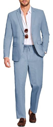 COOFANDY Mens Cotton Linen Suit 2 Piece Sport Coat Beach Wedding Travel Jacket Blazer Homecoming Tuxedo Casual Trousers Light Blue