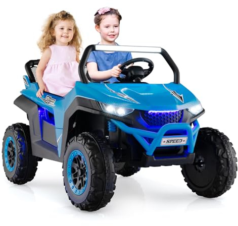 GYMAX Kids Electric UTV, 2-Seater 12V Battery Powered Toy Car with Remote Control, Lights, Bluetooth, MP3, USB, FM, High/Low Speed & Suspension Spring, Children Ride on Car for 3-8 Years Old (Blue)