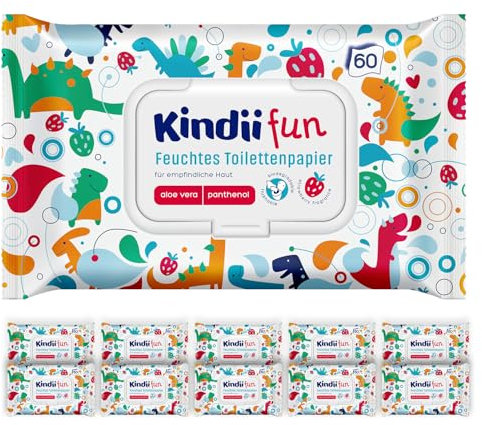 Kindii Fun Carta Igienica Risciacquabile Inumidita per Bambini - Combinazione di Carta Umida e Salvietta Umidificata - Rinfresca la Zona Intima - Camomilla, Aloe Vera - 60 Pz