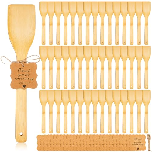 Lineshading 50 Pcs Bamboo Wooden Spatula Bulk, 12 Inch Kitchen Spatula Utensils with Thank You Cards for Cooking Birthday Wedding Baby Shower Housewarming Party Gift(Solid)