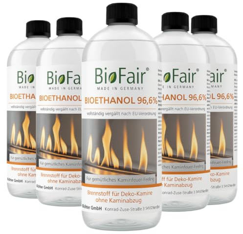 BioFair Bioethanol 96% für Ethanolkamin, Tisch- und Wandkamin, 6 x 1 Liter | Für Bioethanolkamin, Ethanol Tischkamin, Wandkamin Indoor, sofort einsatzbereit ohne Mischen; geruchs- und rußfrei