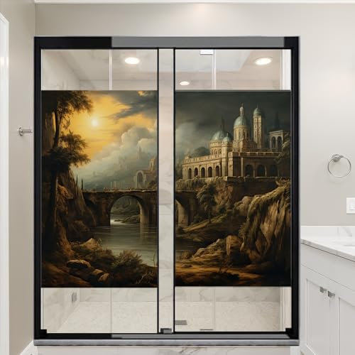 Vintage Antike Stadt Buntglas Fensterfolie Dämmerung Retro Brücken Flüsse Privatsphäre Fensterfolie Glastürabdeckung Nicht klebende Fensteraufkleber für Zimmer Küche 90 x 140 cm x2 Stück