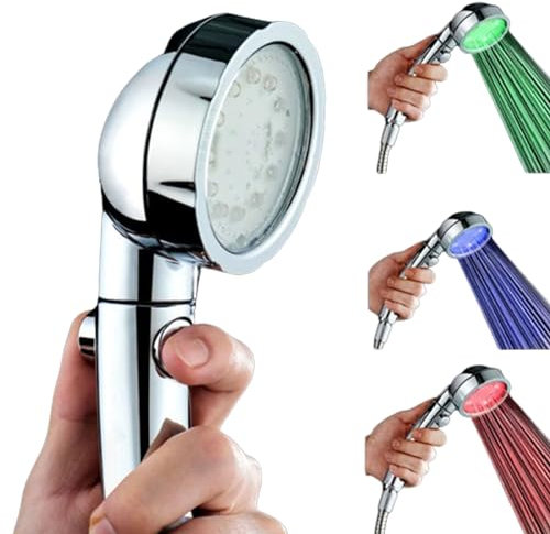 FUUBAMB00 3 Farben LED Handbrause Handbrause HochdruckChrome Runde ABS Regendusche mit Stoppknopf Badezimmerzubehör