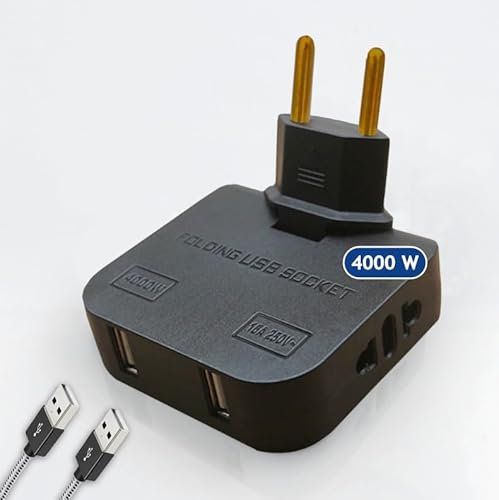 Ladrón Enchufe Plano con USB 4000W – 2 Enchufes + 2 USB Carga Rápida - Enchufe Extraplano de Pared Giratorio 180° - Regleta Inteligente con Mayor Potencia para Hogar y Oficina - Color Negro | 3-Stars