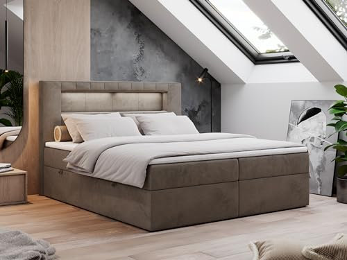 MKS MEBLE Boxspringbett 160x200 mit Led Braun Samt, Polsterbett Bett mit Topper T25 und Kopfteil, Multipocket Matratze H4, Doppelbett mit Bettkasten Stauraumbett - Gold-5 - Braun Velvet