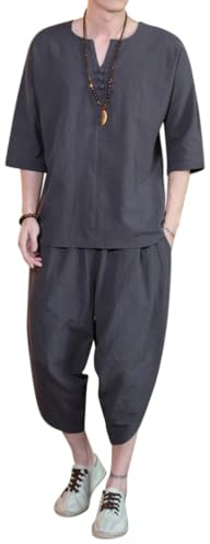 Oanviso Herren Leinenanzug Kurzarm Hemd und Kurze Hose Set Baumwolle Traditionelle Freizeitanzug Zweiteiler Kleidung Anzug Vintage Strandanzug Jogginganzug Leicht Sommeranzug A Dunkelgrau 3XL