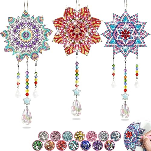 Basteln für Mädchen im Alter von 6 7 8 9 10 Jahren, Geschenkideen und Spielzeug ab 5 6 7 8 Jahren, Diamond Painting Spielzeug ab 5-12 Jahre,Diamant-Punkt-Edelstein-Windspiele zum Aufhängen 3Stück