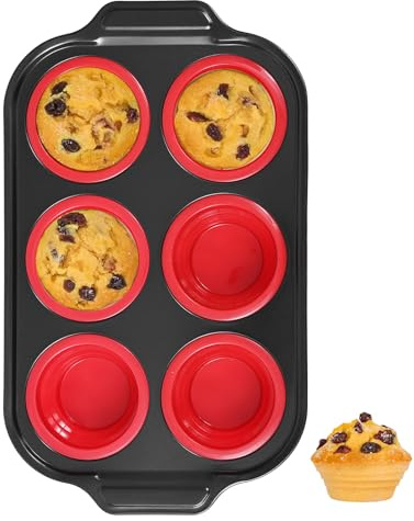 Toptrend Muffinform Silikon mit Metallrahmen, Muffin Backblech 31 x 18 cm, beschichtet, Standardgröße, Cupcake Formen, Muffinblech für 6 Muffins, Rot