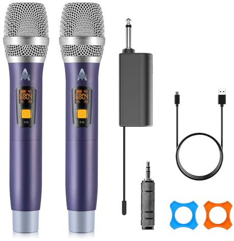 Microphone sans Fil, UHF Metal Dual Handheld Dynamic Mic System avec récepteur Rechargeable (40H Duration, 200 ft Range) pour Le Chant, Le karaoké, l'église, Le Discours, Le Mariage, la fête...
