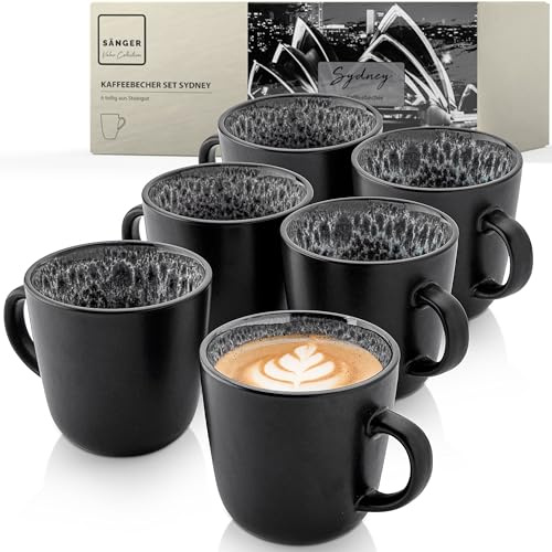 SÄNGER Sydney Kaffeebecher 6 Personen, Steingut Kaffeetassen Set | 6er Tassen Set Teetasse spülmaschinenfest mikrowellenfest, Coffee Mug multifunktional dunkel grau 430 ml