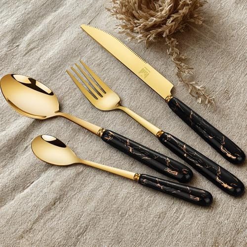 SensiSel 16 Piece Ceramic Black Handles and Golden Plated Stainless Steel Silverware Set,Black Marble Handle with Golden Mouth Flatware Cutlery Set Service for 4 (Gift Boxed)