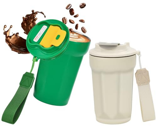 HWSWSH 2 Pcs 420ml Taza de Café Termica Vaso Termico con Tapa Termo Café para Llevar Travel Mug Acero Inoxidable de Doble Pared Coffee Insulated Travel Mug con Tapa a Prueba de Fugas, Beige y Verde