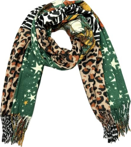 XXL Blumen Stern Leopard Herbst Winter Schal Stola Tuch Übergangsschal Baumwolle mit Fransen Leo (Grün)