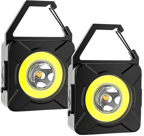 MODOAO Llavero COB con luz de trabajo, linterna pequeña recargable por USB, reflector LED superbrillante con imán, linterna portátil con gancho para reparación de inspección, campamento (paquete de 2)
