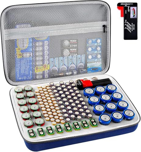 GWCASE 150+ Battery Organizer with Tester for Homeowners, Emergency Backup | Holds AA, AAA, 9V, C, D Coin Batteries in Separate Slots, Keep Neat, Easy to Find, Hard Shell Protection, Zipper Carry Design