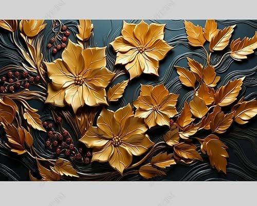 MZOwallpaper Papier Peint Intissé Relief À La Feuille D’Or Poster Tableaux Muraux Tapisserie Photo Trompe L'Oeil Salon Chambre Art Mural 250Cm(L) X175Cm(H)