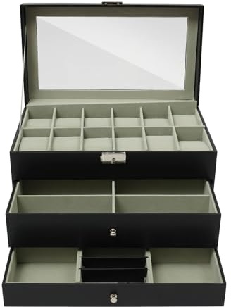 RjcdOPL Boîte à Montres et Bijoux 3 Niveaux Verrouillable, Avec Tiroirs, Couvercle Transparent, L33,5 x P19,4 x H20,5cm, Noir