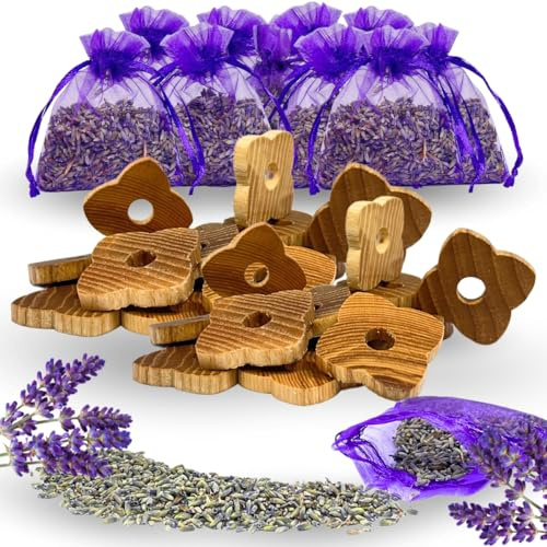 Lavendel Duftsäckchen Kleiderschrank, Mottenschutz Set 10 Lavendelsäckchen 16 Holzanhänger mit Lavendel Patchouli Zedernöl Natürlicher Schutz vor Kleidermotten für Schrank und Garderobe (16)