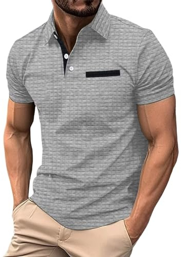 Poloshirt Herren Kurzarm mit Brusttasche, Sommer Polo T Shirt V Ausschnitt mit Knopfleiste Slim Fit Atmungsaktive Men's T-Shirts Basic Sommerhemden Bügelfrei Einfarbige Business Polohemd Sport Tops