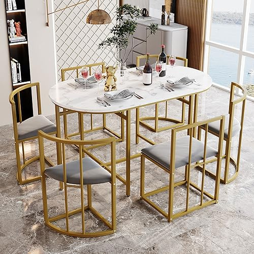 boorbin Esstischset,Weißer Tisch, Stühle mit 6 Rückenlehnen und grauen Polstern, Eisengestell,Esszimmertisch und Stuhlset,Moderne Esstischkombination (Gold)